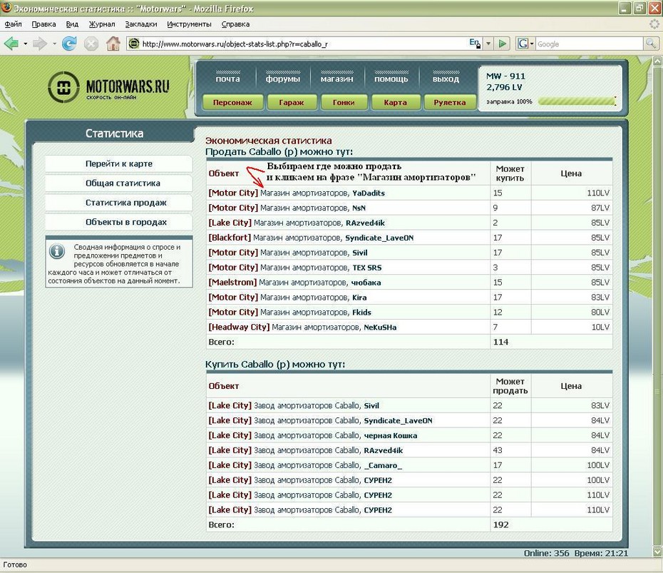 2009-06-20 22:24:49: Открываем уже знакомое окно экономической статистики по амортизатору Caballo и выбираем магазин для продажи ресурса